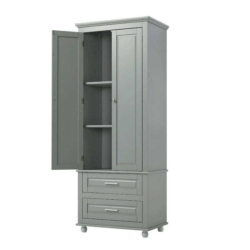 Tall Bathroom Storage Cabinet Single Door 3 Shelf 2 Drawers Ball Feet Crown Molding MDF