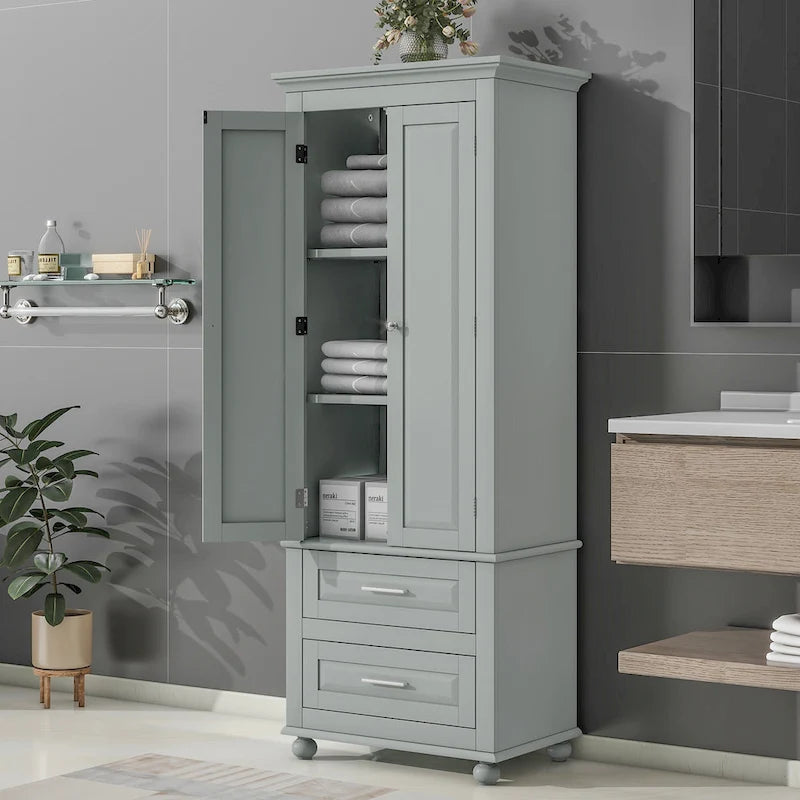 Tall Bathroom Storage Cabinet Single Door 3 Shelf 2 Drawers Ball Feet Crown Molding MDF