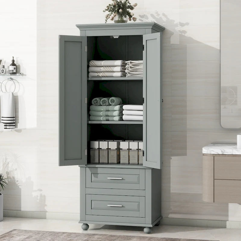 Tall Bathroom Storage Cabinet Single Door 3 Shelf 2 Drawers Ball Feet Crown Molding MDF