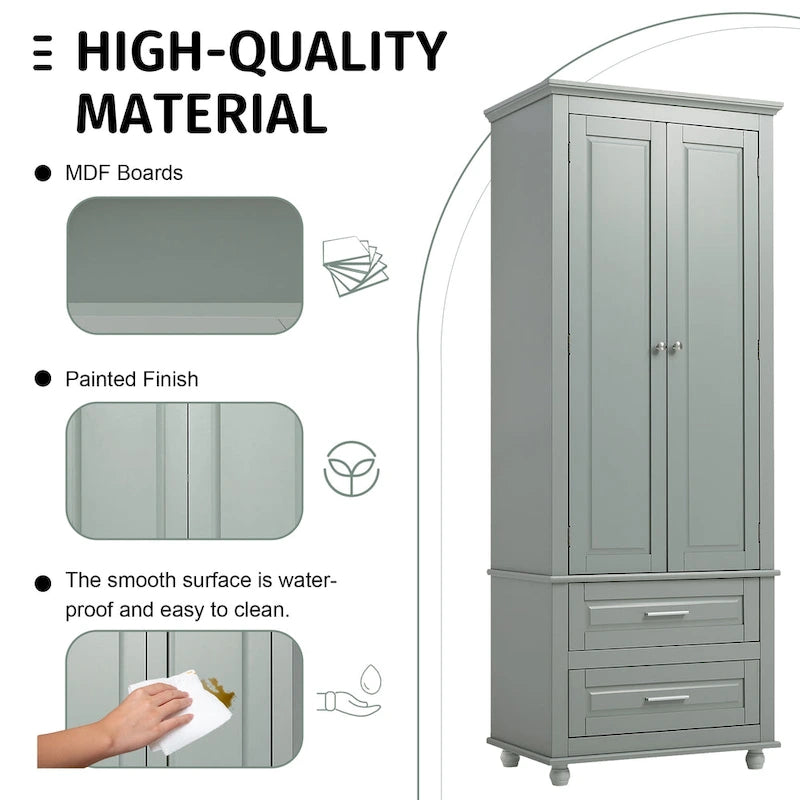 Tall Bathroom Storage Cabinet Single Door 3 Shelf 2 Drawers Ball Feet Crown Molding MDF