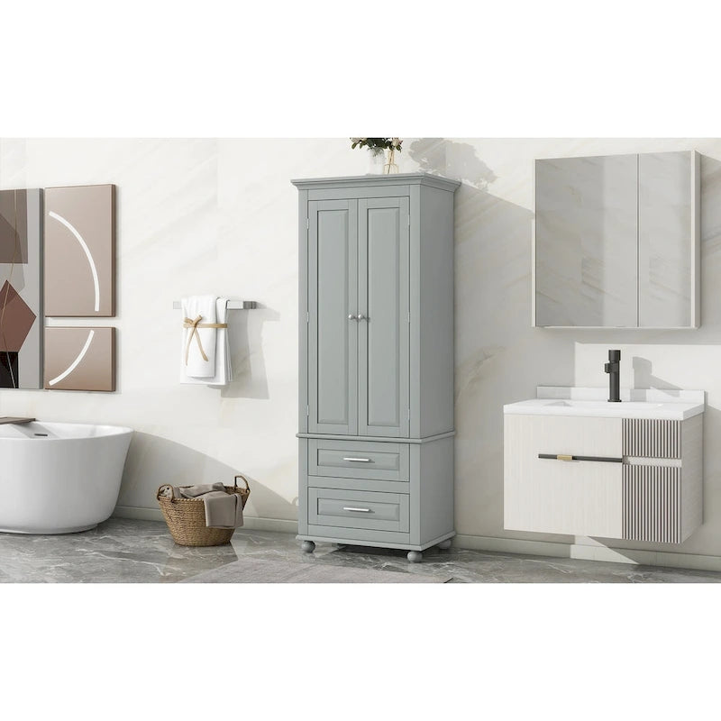 Tall Bathroom Storage Cabinet Single Door 3 Shelf 2 Drawers Ball Feet Crown Molding MDF