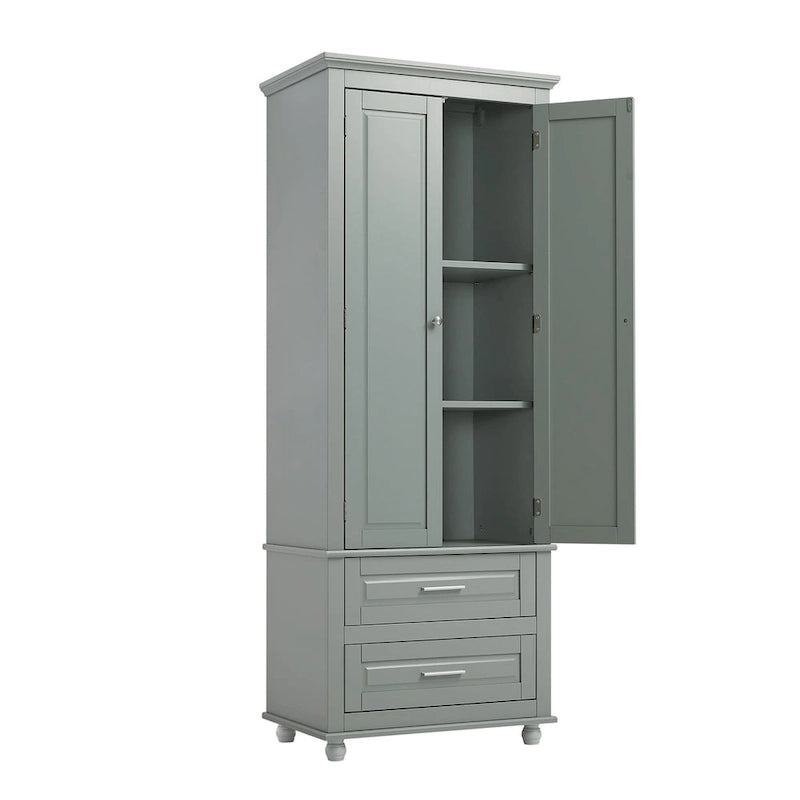 Tall Bathroom Storage Cabinet Single Door 3 Shelf 2 Drawers Ball Feet Crown Molding MDF
