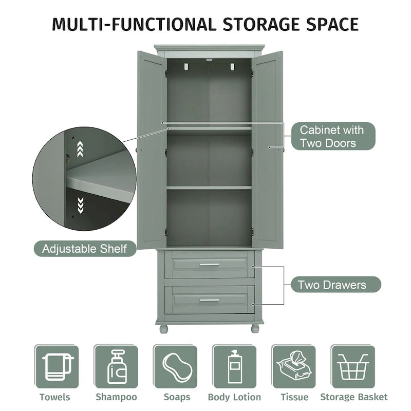 Tall Bathroom Storage Cabinet Single Door 3 Shelf 2 Drawers Ball Feet Crown Molding MDF