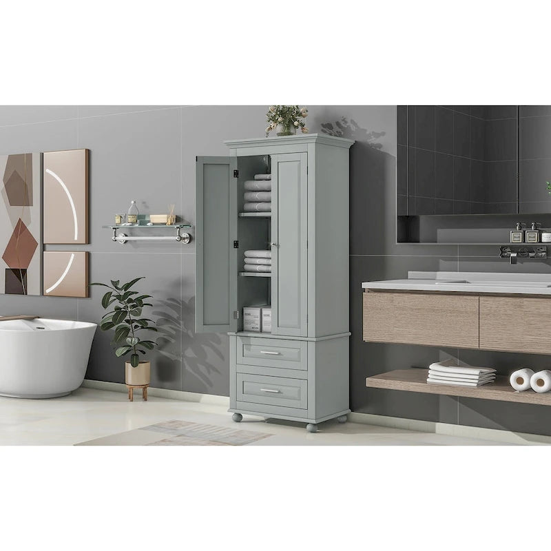 Tall Bathroom Storage Cabinet Single Door 3 Shelf 2 Drawers Ball Feet Crown Molding MDF