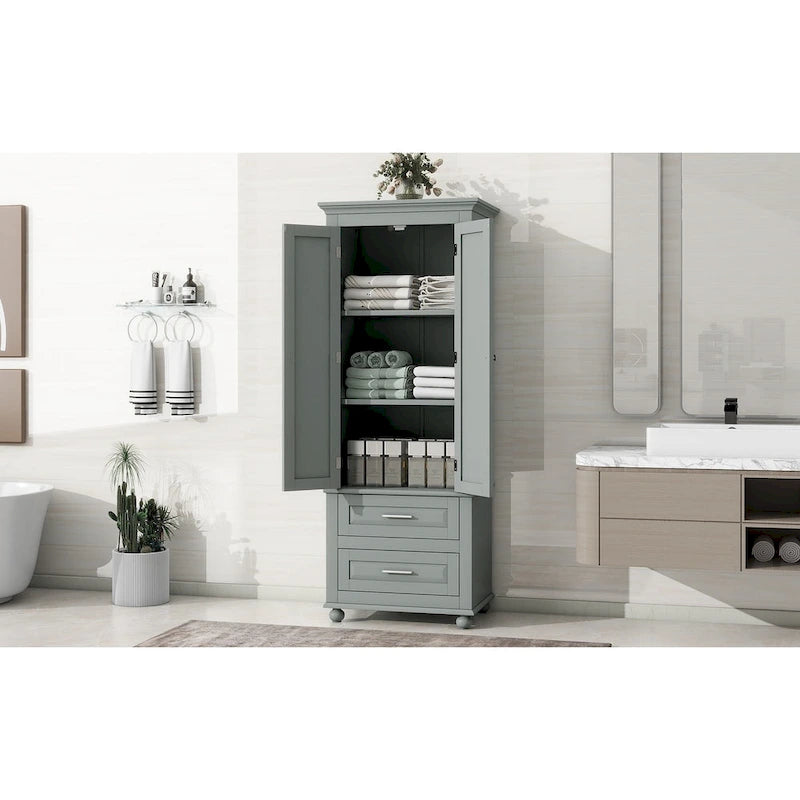 Tall Bathroom Storage Cabinet Single Door 3 Shelf 2 Drawers Ball Feet Crown Molding MDF