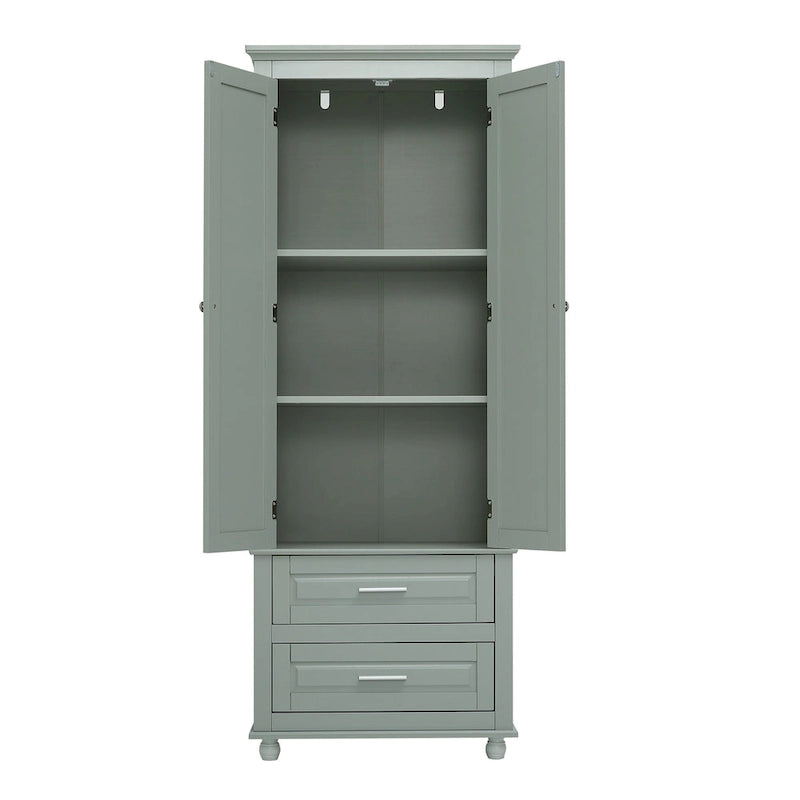 Tall Bathroom Storage Cabinet Single Door 3 Shelf 2 Drawers Ball Feet Crown Molding MDF