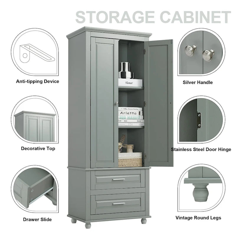Tall Bathroom Storage Cabinet Single Door 3 Shelf 2 Drawers Ball Feet Crown Molding MDF
