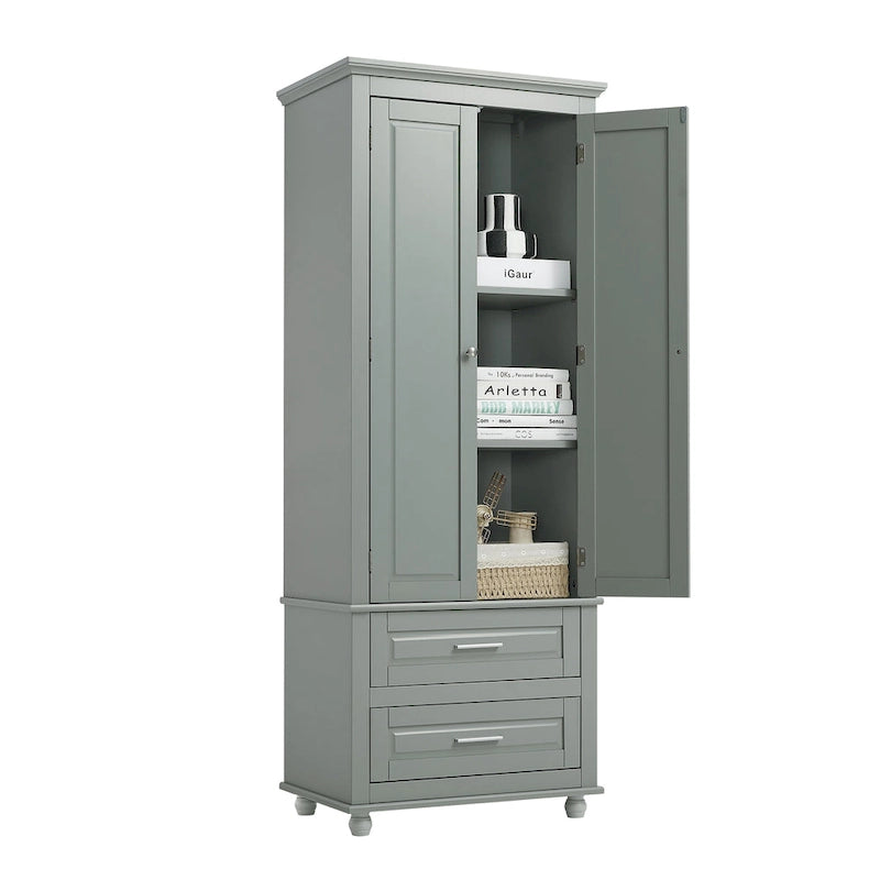 Tall Bathroom Storage Cabinet Single Door 3 Shelf 2 Drawers Ball Feet Crown Molding MDF