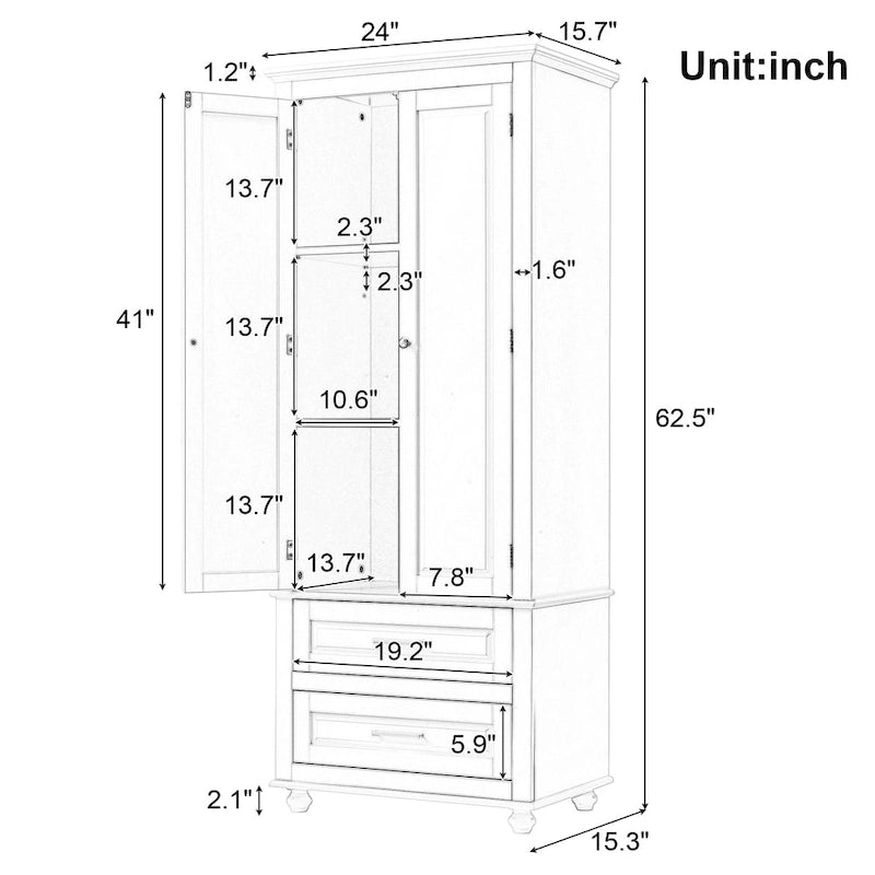 Tall Bathroom Storage Cabinet Single Door 3 Shelf 2 Drawers Ball Feet Crown Molding MDF