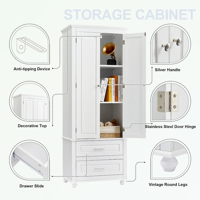 Tall Bathroom Storage Cabinet Single Door 3 Shelf 2 Drawers Ball Feet Crown Molding MDF