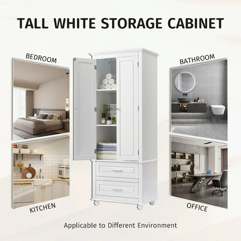 Tall Bathroom Storage Cabinet Single Door 3 Shelf 2 Drawers Ball Feet Crown Molding MDF