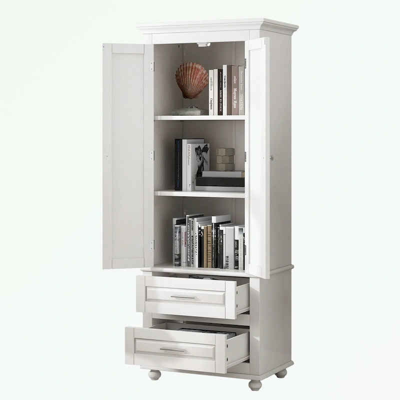Tall Bathroom Storage Cabinet Single Door 3 Shelf 2 Drawers Ball Feet Crown Molding MDF