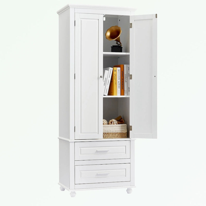 Tall Bathroom Storage Cabinet Single Door 3 Shelf 2 Drawers Ball Feet Crown Molding MDF