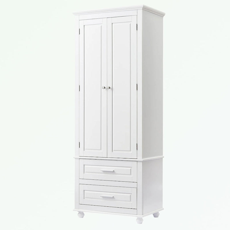 Tall Bathroom Storage Cabinet Single Door 3 Shelf 2 Drawers Ball Feet Crown Molding MDF