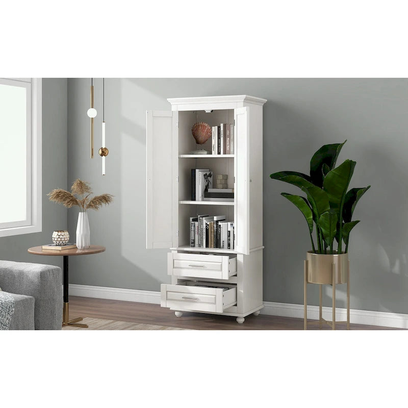 Tall Bathroom Storage Cabinet Single Door 3 Shelf 2 Drawers Ball Feet Crown Molding MDF
