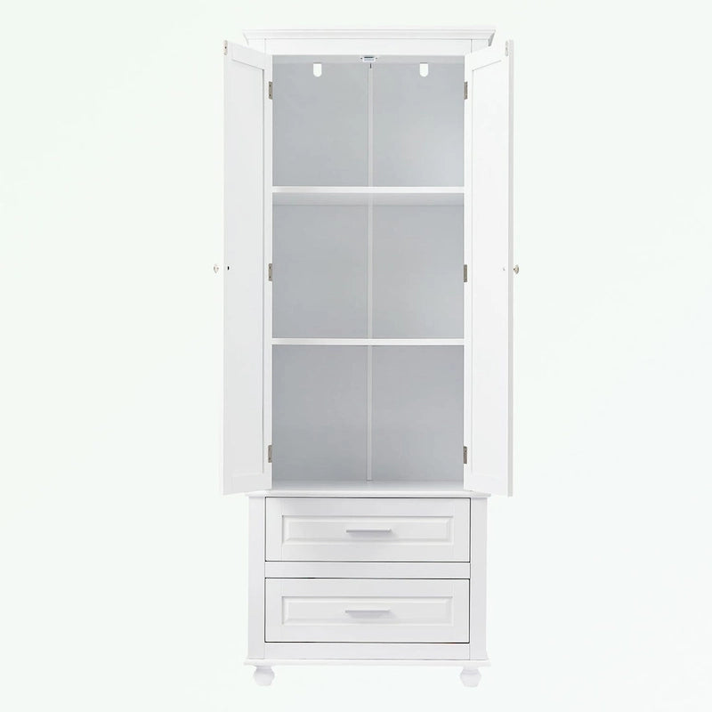 Tall Bathroom Storage Cabinet Single Door 3 Shelf 2 Drawers Ball Feet Crown Molding MDF