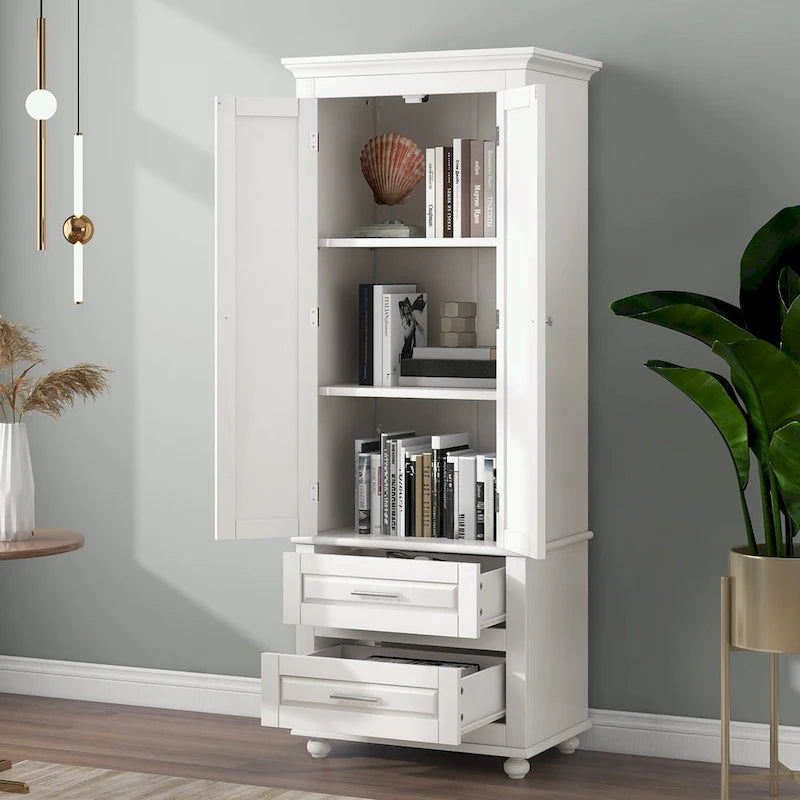 Tall Bathroom Storage Cabinet Single Door 3 Shelf 2 Drawers Ball Feet Crown Molding MDF