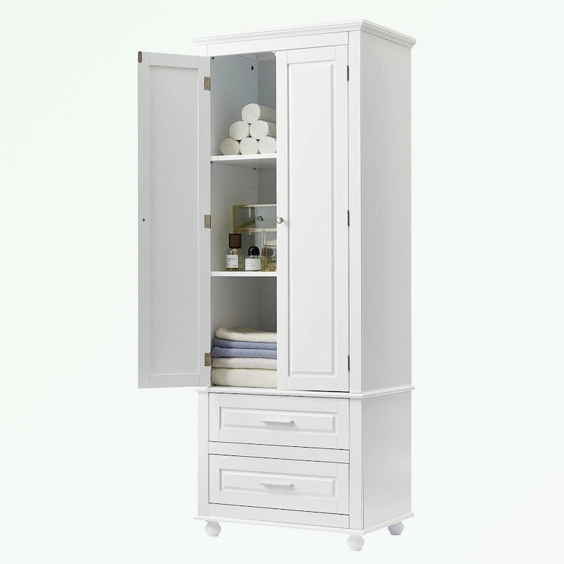 Tall Bathroom Storage Cabinet Single Door 3 Shelf 2 Drawers Ball Feet Crown Molding MDF