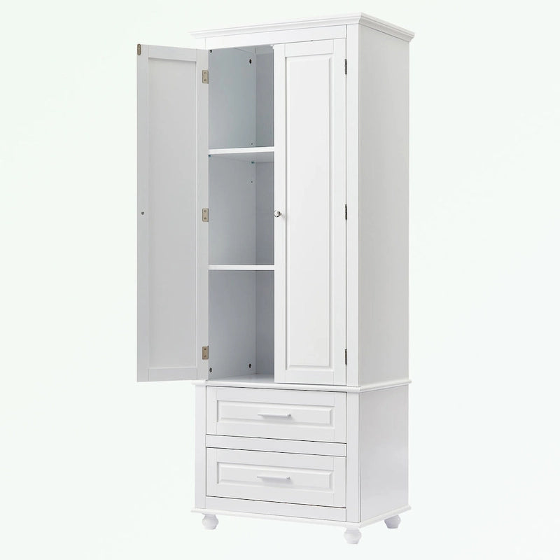 Tall Bathroom Storage Cabinet Single Door 3 Shelf 2 Drawers Ball Feet Crown Molding MDF