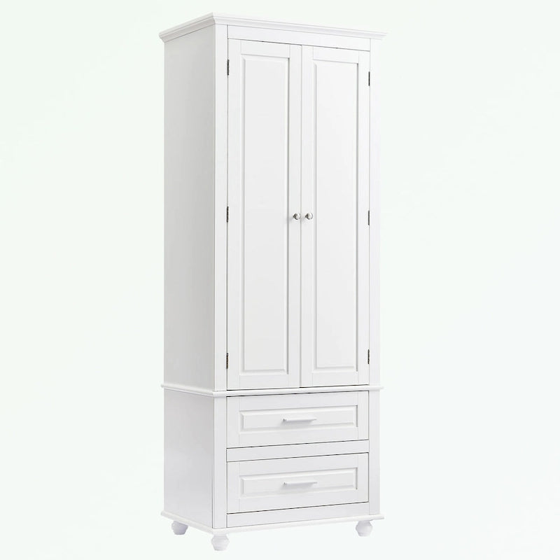 Tall Bathroom Storage Cabinet Single Door 3 Shelf 2 Drawers Ball Feet Crown Molding MDF
