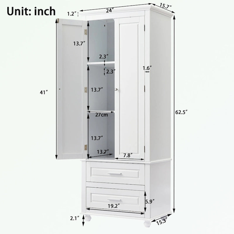 Tall Bathroom Storage Cabinet Single Door 3 Shelf 2 Drawers Ball Feet Crown Molding MDF