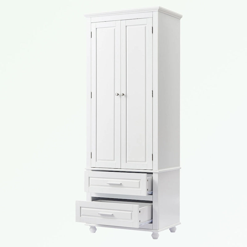 Tall Bathroom Storage Cabinet Single Door 3 Shelf 2 Drawers Ball Feet Crown Molding MDF