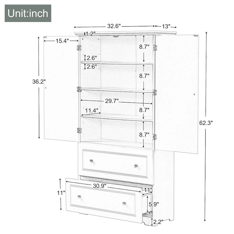 Gray Wide Freestanding Bathroom Storage Cabinet 2 Doors Adjustable Shelves 2 Drawers
