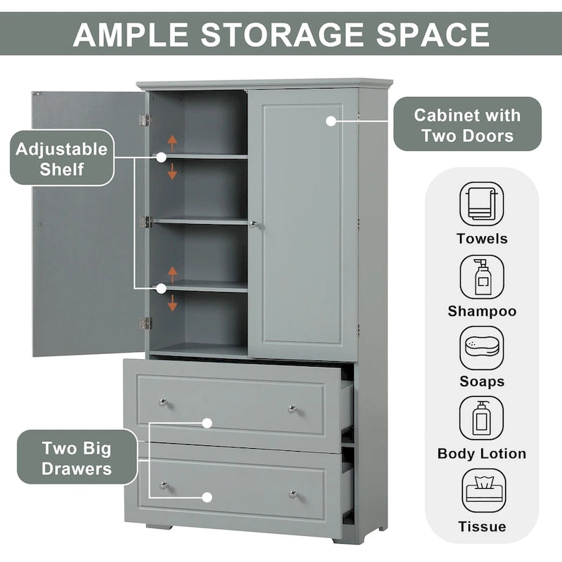 Gray Wide Freestanding Bathroom Storage Cabinet 2 Doors Adjustable Shelves 2 Drawers