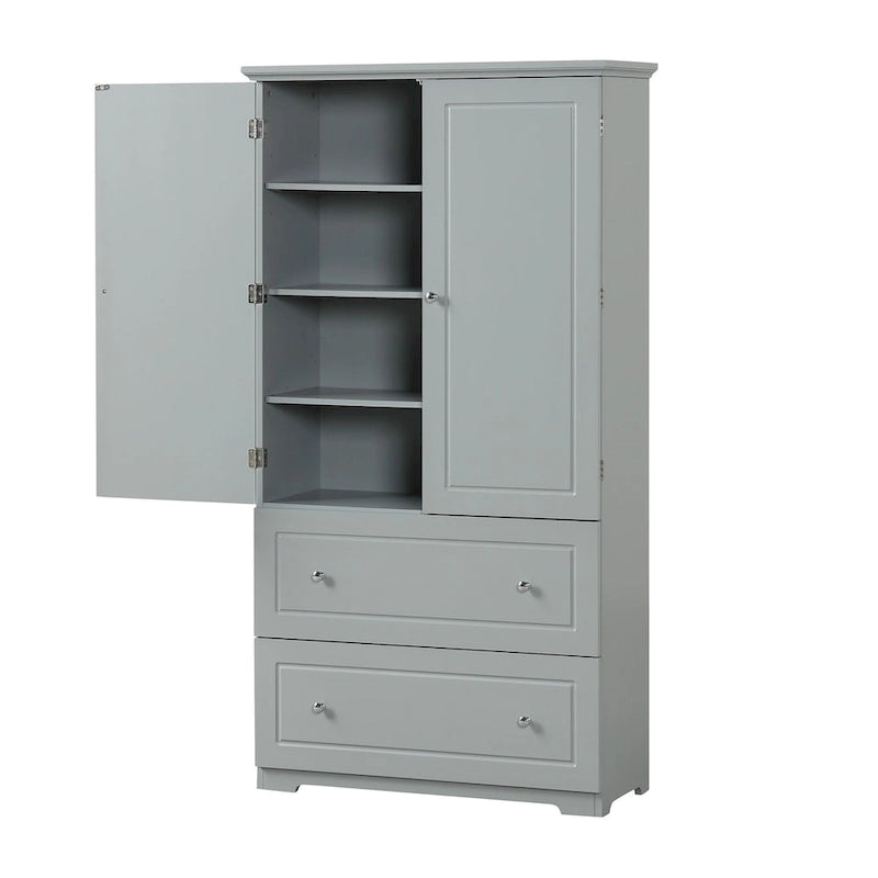 Gray Wide Freestanding Bathroom Storage Cabinet 2 Doors Adjustable Shelves 2 Drawers