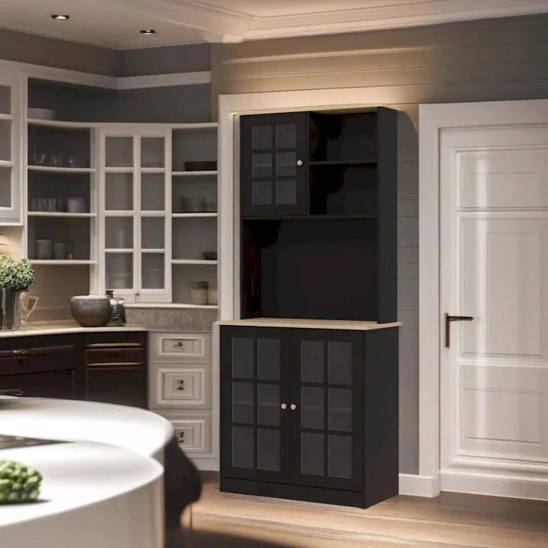 72 Inch Tall Kitchen Pantry Hutch Cabinet Glass Panel Doors Contrast Countertop Anti-Tip MDF