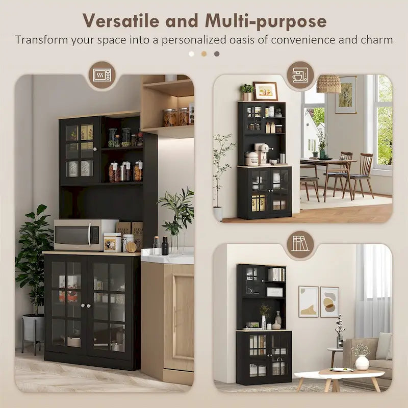 72 Inch Tall Kitchen Pantry Hutch Cabinet Glass Panel Doors Contrast Countertop Anti-Tip MDF