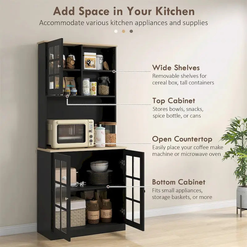 72 Inch Tall Kitchen Pantry Hutch Cabinet Glass Panel Doors Contrast Countertop Anti-Tip MDF