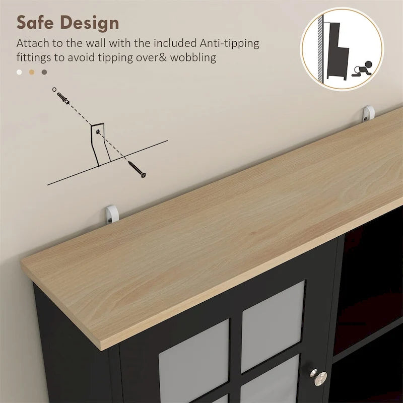 72 Inch Tall Kitchen Pantry Hutch Cabinet Glass Panel Doors Contrast Countertop Anti-Tip MDF