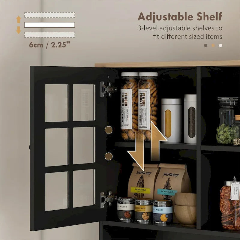 72 Inch Tall Kitchen Pantry Hutch Cabinet Glass Panel Doors Contrast Countertop Anti-Tip MDF