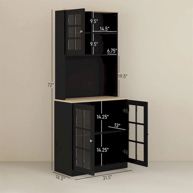 72 Inch Tall Kitchen Pantry Hutch Cabinet Glass Panel Doors Contrast Countertop Anti-Tip MDF