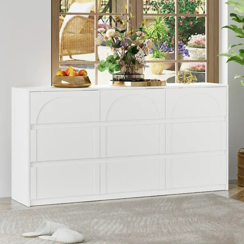 White Wide 6 Drawer Dresser Sideboard Arch Panel Front Handleless Modern Storage