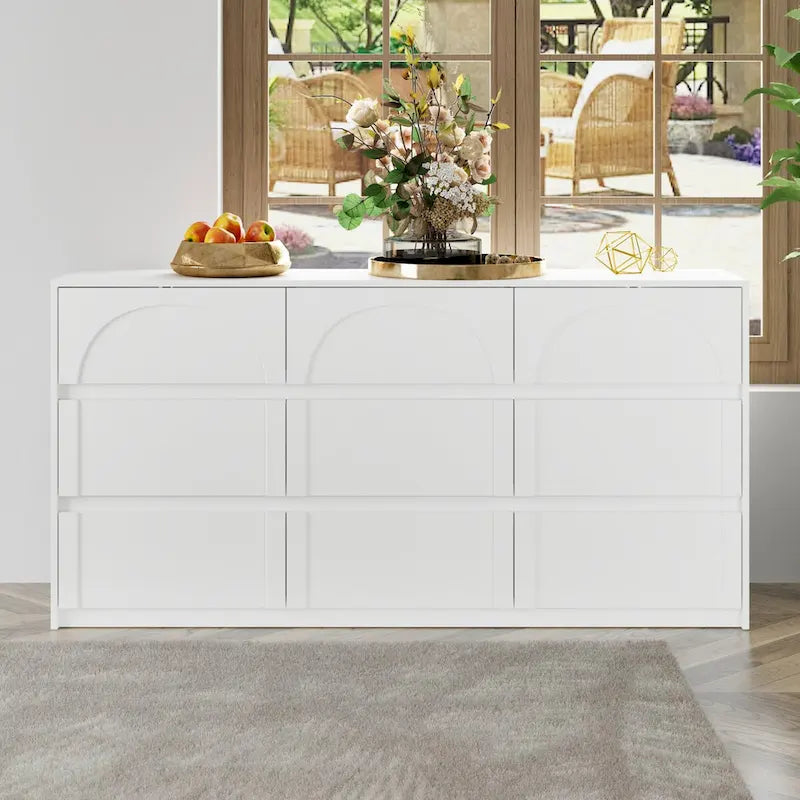 White Wide 6 Drawer Dresser Sideboard Arch Panel Front Handleless Modern Storage