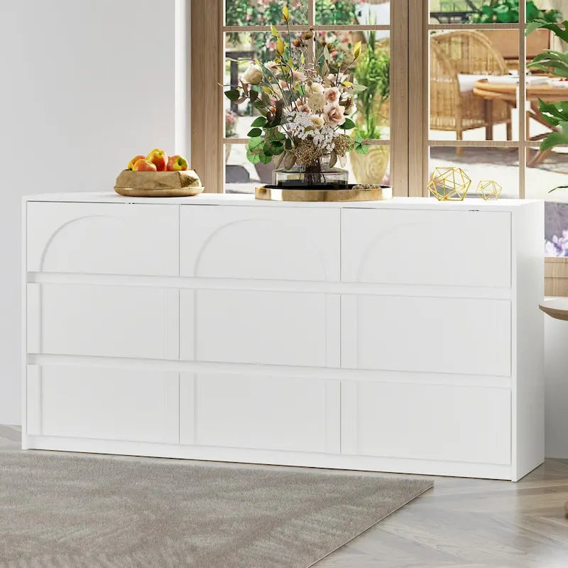White Wide 6 Drawer Dresser Sideboard Arch Panel Front Handleless Modern Storage