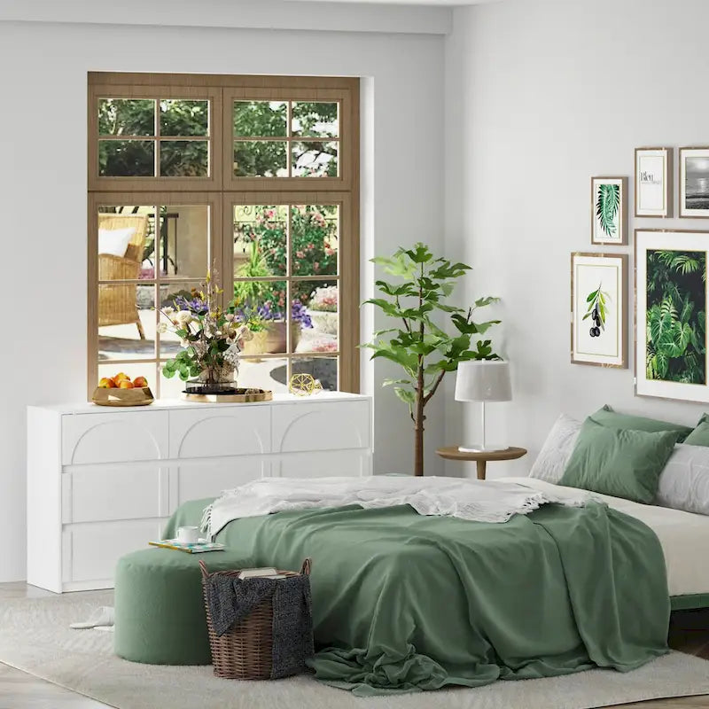 White Wide 6 Drawer Dresser Sideboard Arch Panel Front Handleless Modern Storage