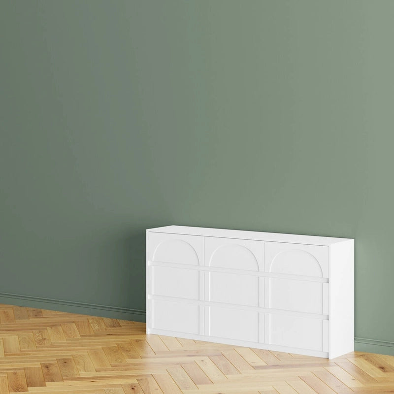 White Wide 6 Drawer Dresser Sideboard Arch Panel Front Handleless Modern Storage