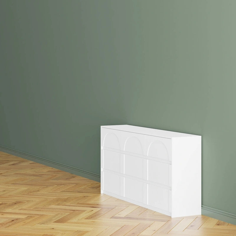 White Wide 6 Drawer Dresser Sideboard Arch Panel Front Handleless Modern Storage