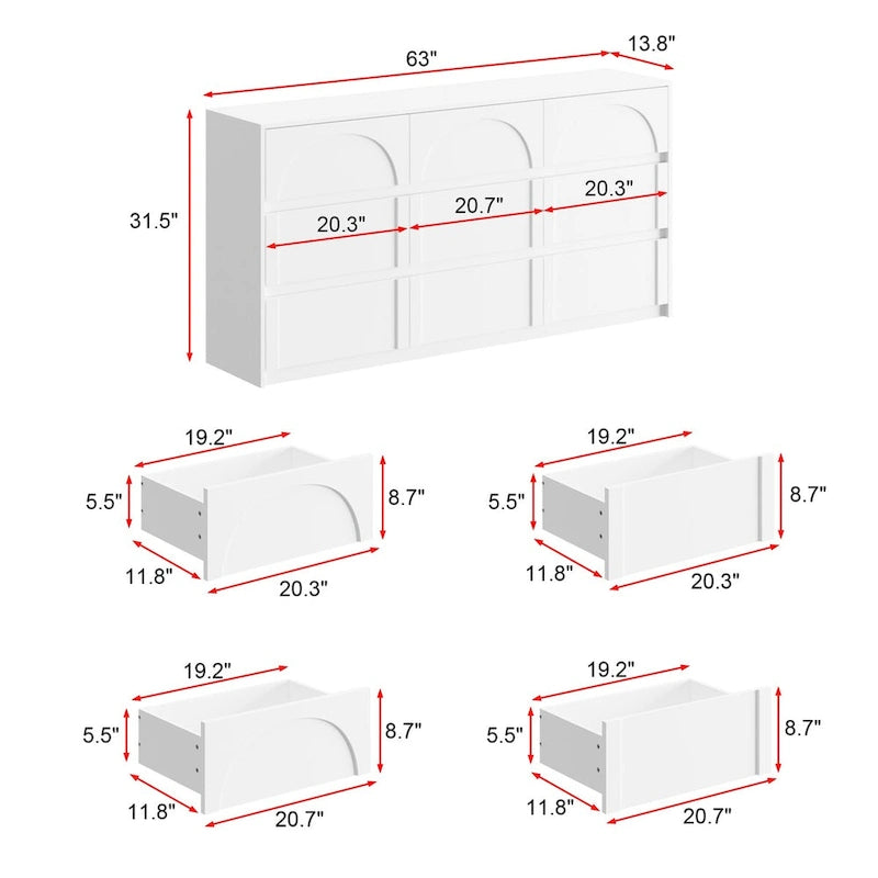 White Wide 6 Drawer Dresser Sideboard Arch Panel Front Handleless Modern Storage