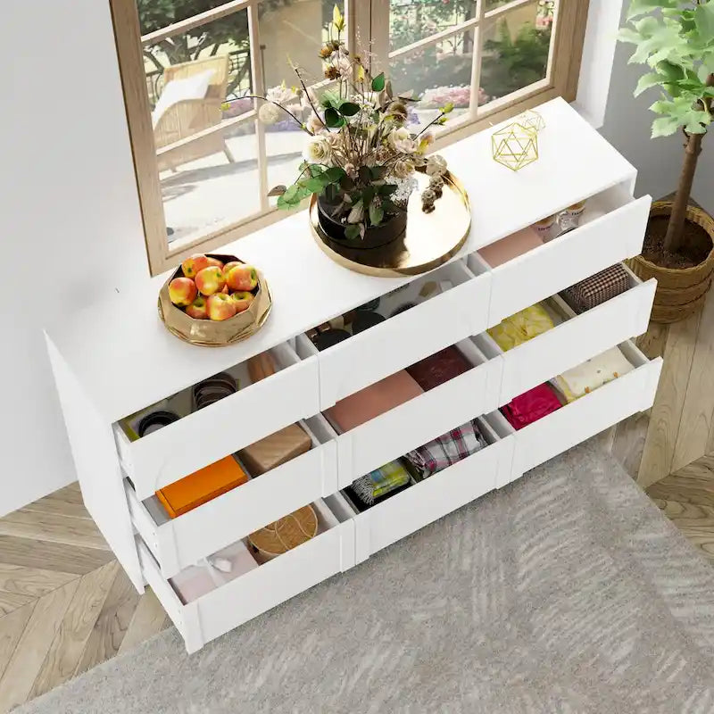 White Wide 6 Drawer Dresser Sideboard Arch Panel Front Handleless Modern Storage
