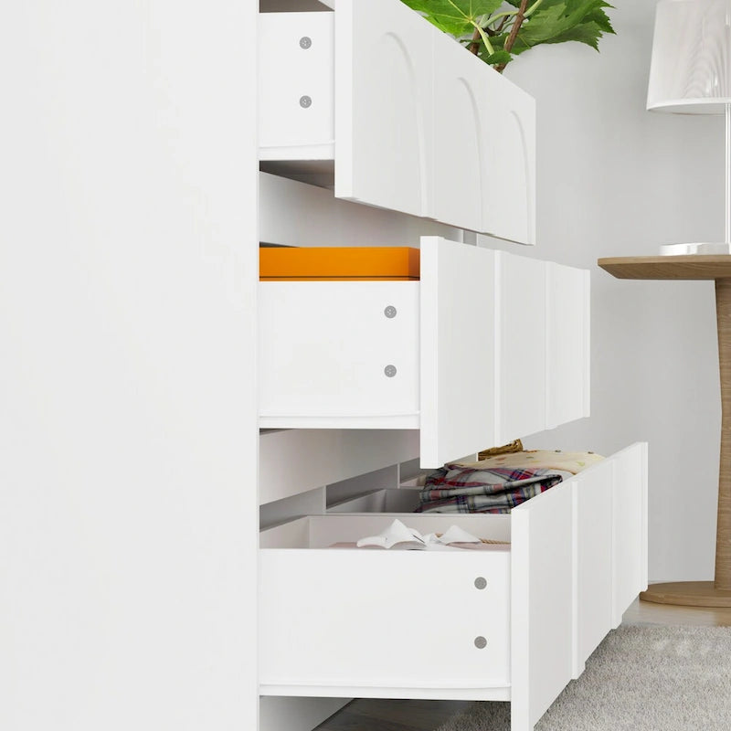 White Wide 6 Drawer Dresser Sideboard Arch Panel Front Handleless Modern Storage