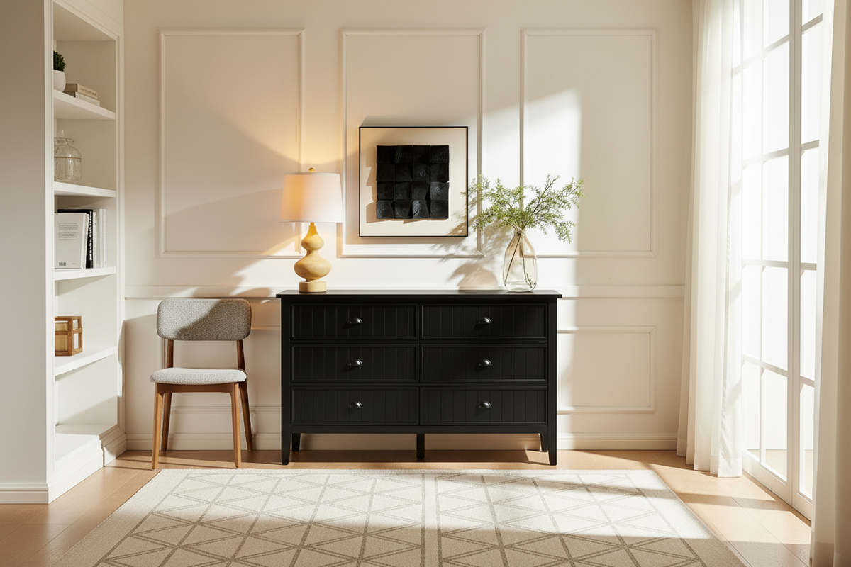 Wide Room Shot with Black Farmhouse Dresser